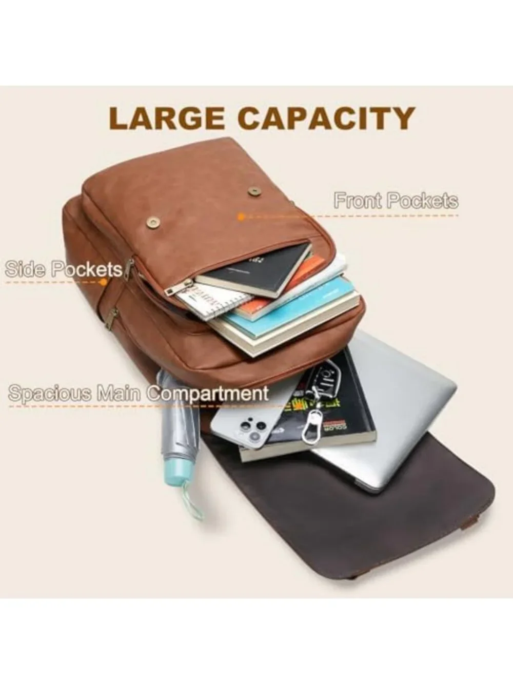Vintage Waterproof Leather Backpack for Men & Women, 15.6